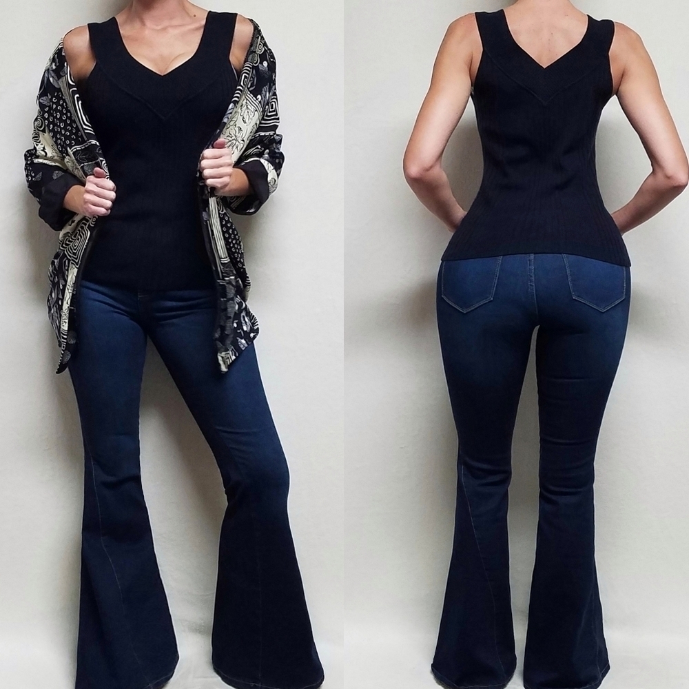 90s Vintage Xhileration Black Asymmetric Ribbed Knit V-neck Tank Top Large